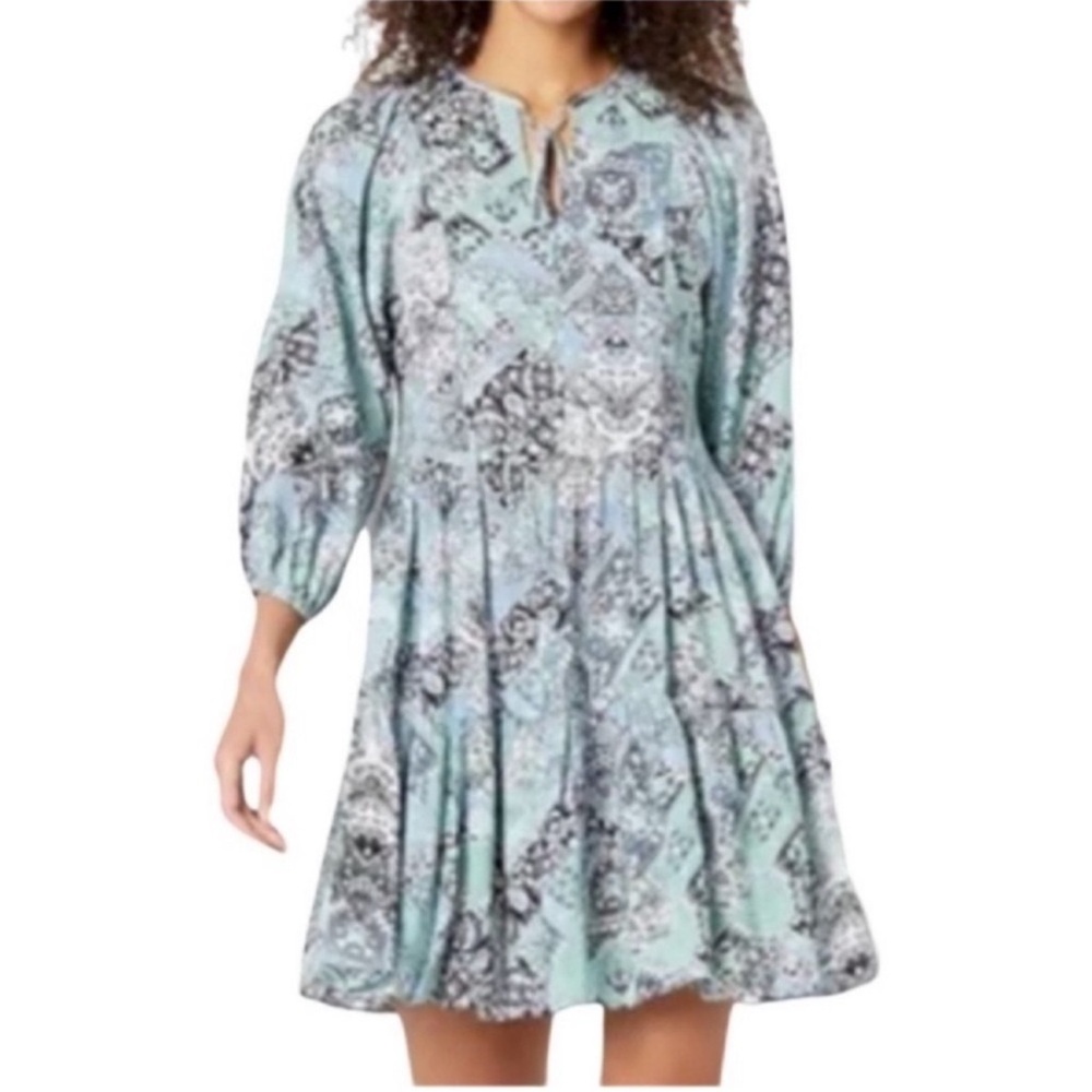 NEW Calvin Klein Peasant Sleeve Dress Tiered Skirt Blue Green Size 2